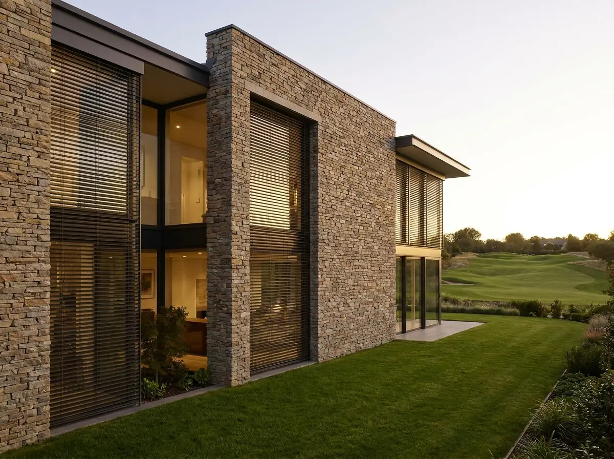 Exterior facade of a Serengeti Estate home with aluminium external venetian blinds tilted against low afternoon sun, viewed from the garden