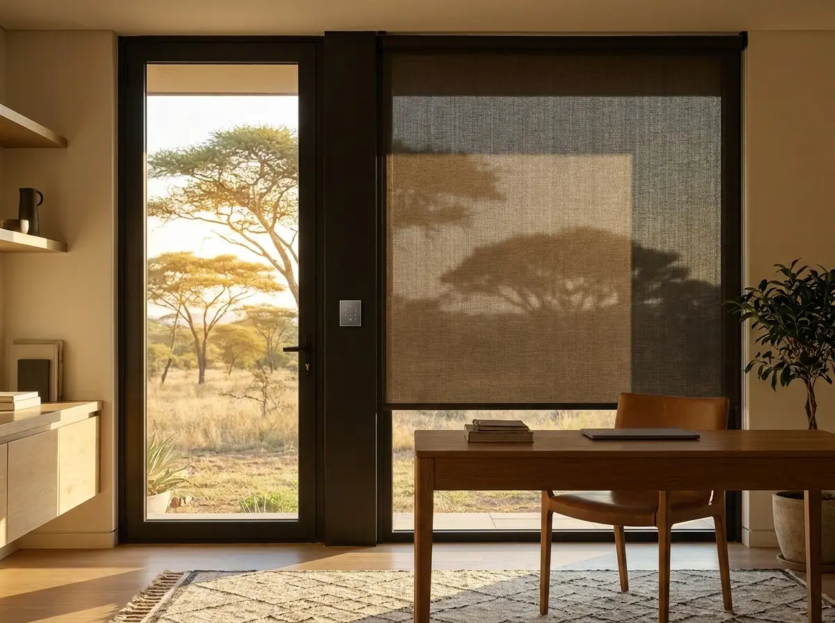 Motorised roller blind partially lowered over a study window beside a wall-mounted control panel