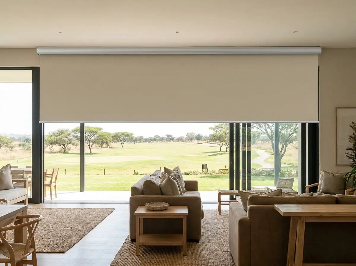 Blockout roller blind lowered halfway over wide living-room glazing, golf fairway glimpsed through the uncovered glass