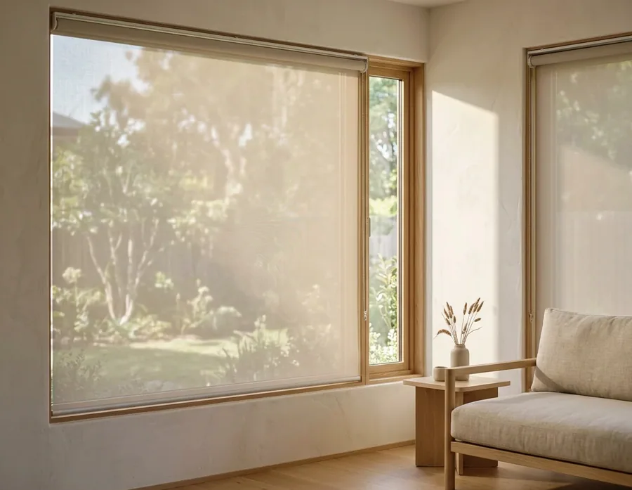 Sunscreen roller blind keeping the garden view by day, one half of a double roller pairing